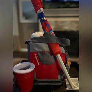 Phillies flag for car, red gallon tailgating jug, red can cozie, NWT